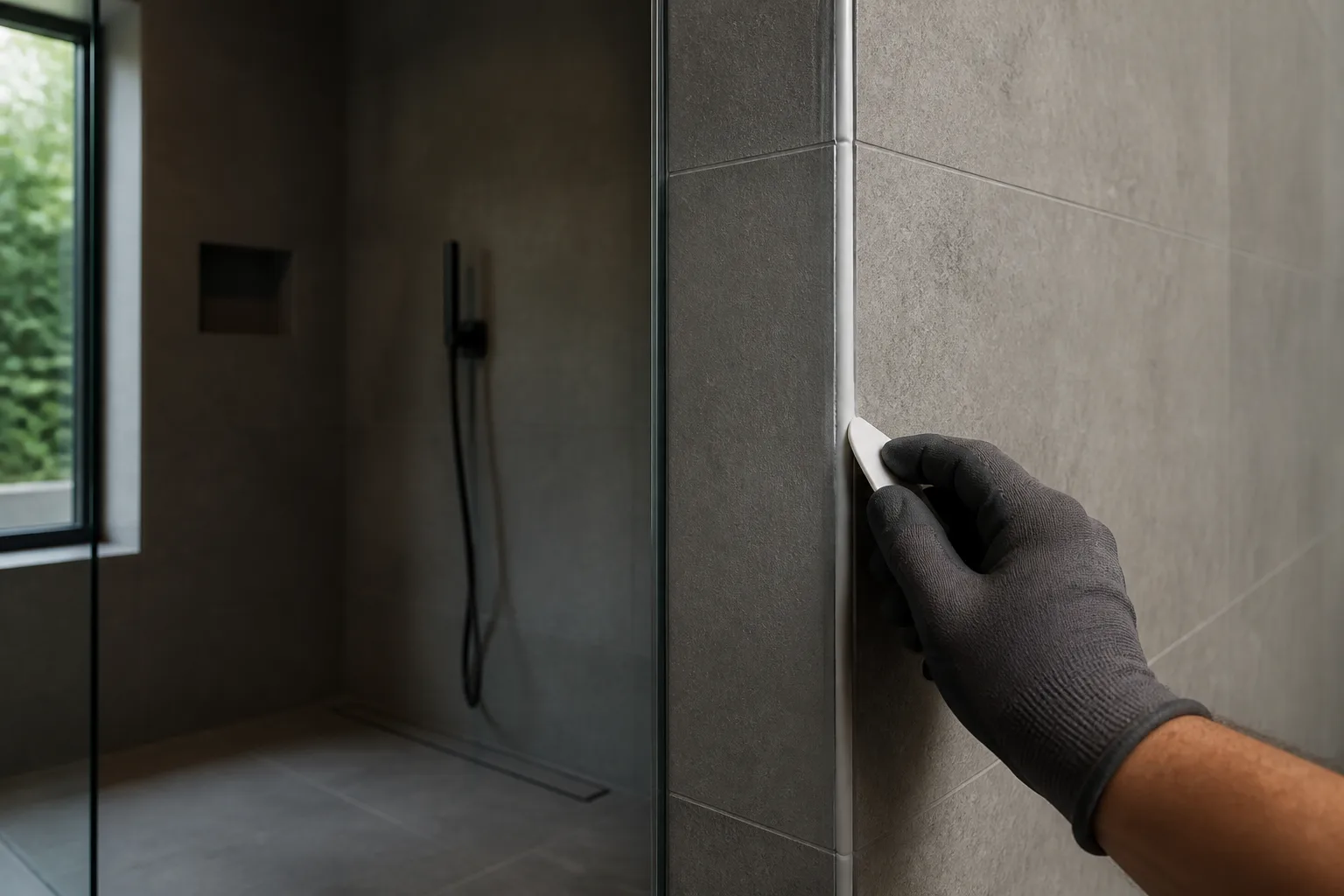 Ein Fachmann glättet eine neue Silikonfuge in einer modernen Dusche